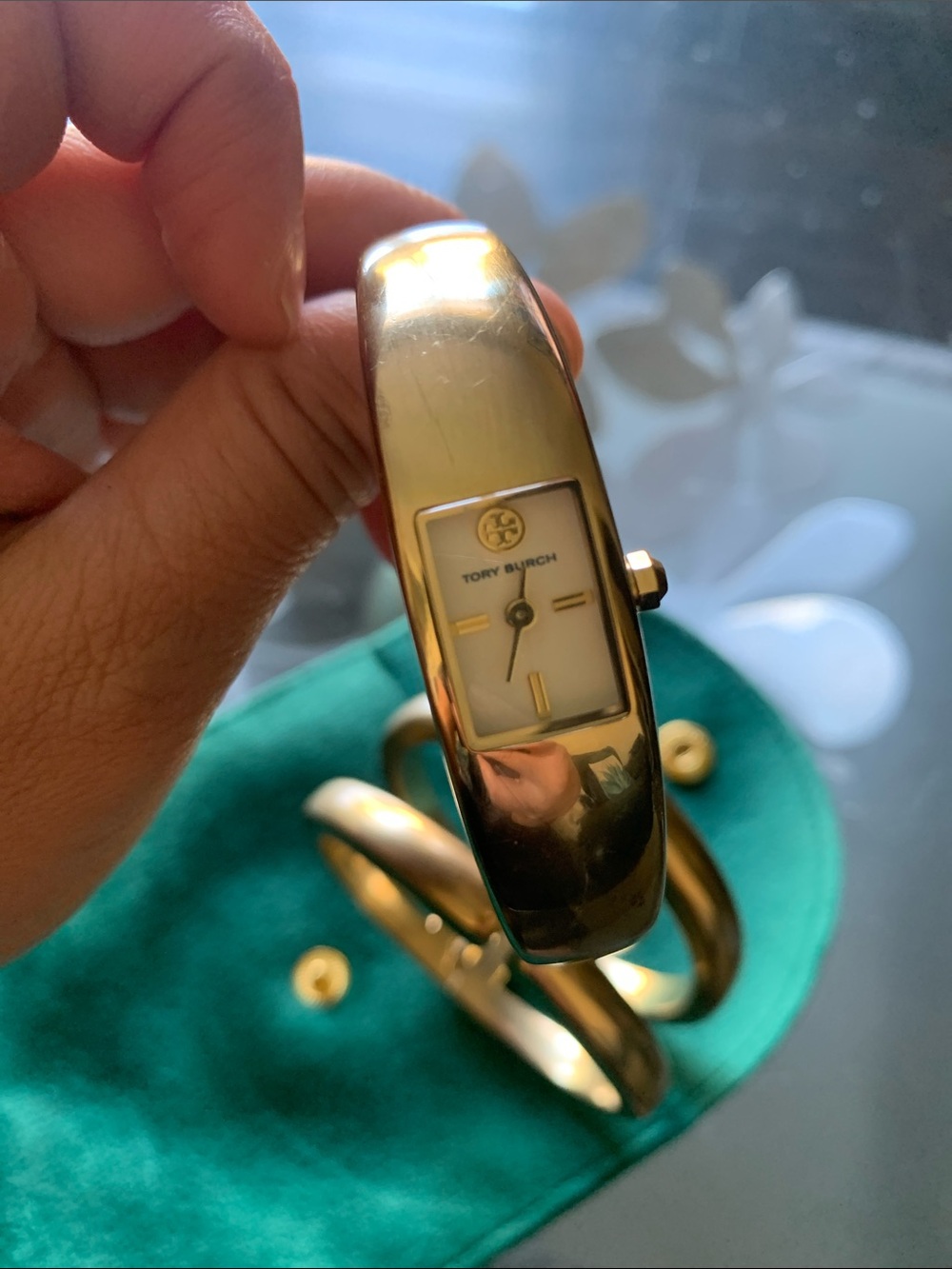 Tory Burch Gold Tone Wide Cuff Bracelet Watch - Picture 4 of 5